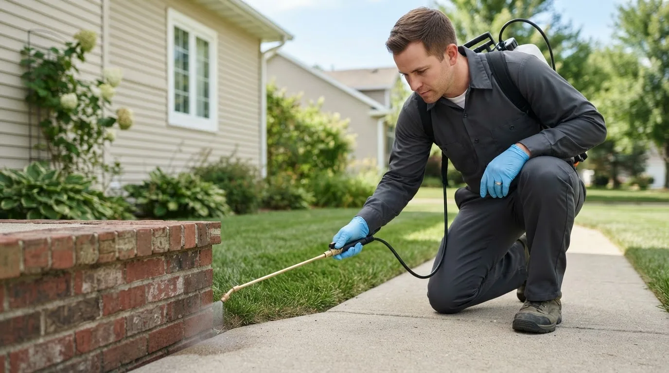 Pest control technician treating a home near Frisco City, AL