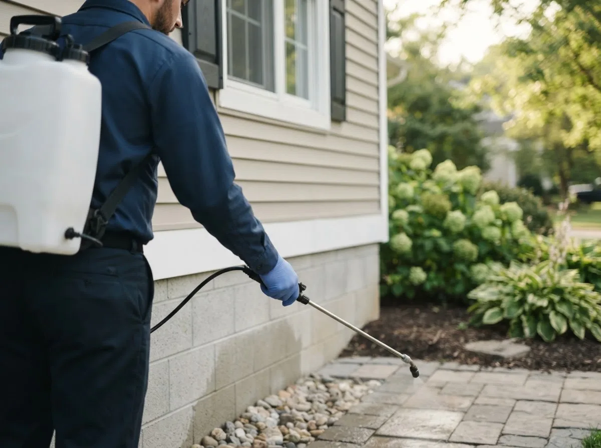 Pest control technician inspecting a home in Frisco City, AL